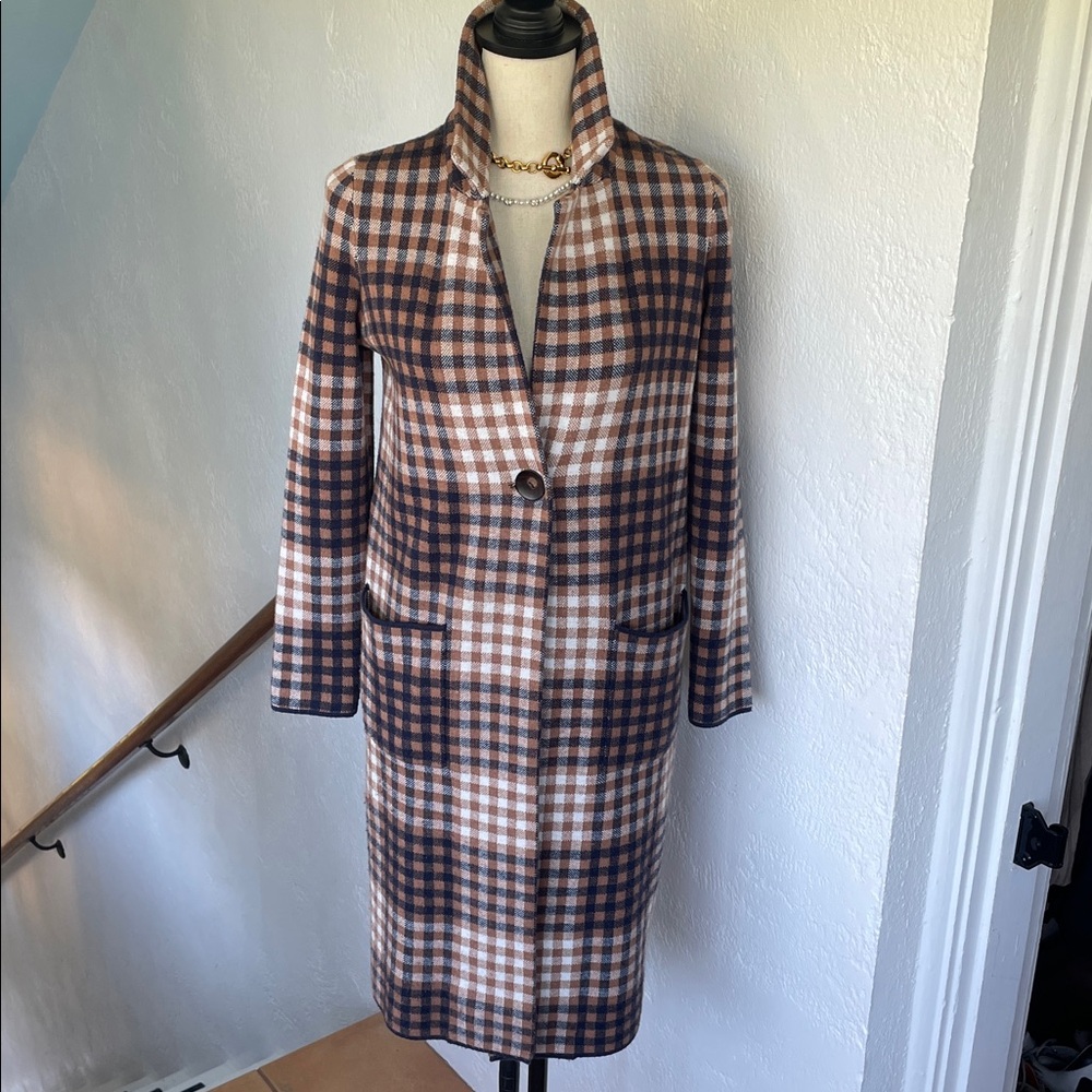 Rachel Roy NWOT‎ Blue Brown Plaid 1button Long Knit Sweater Coat with Pockets S